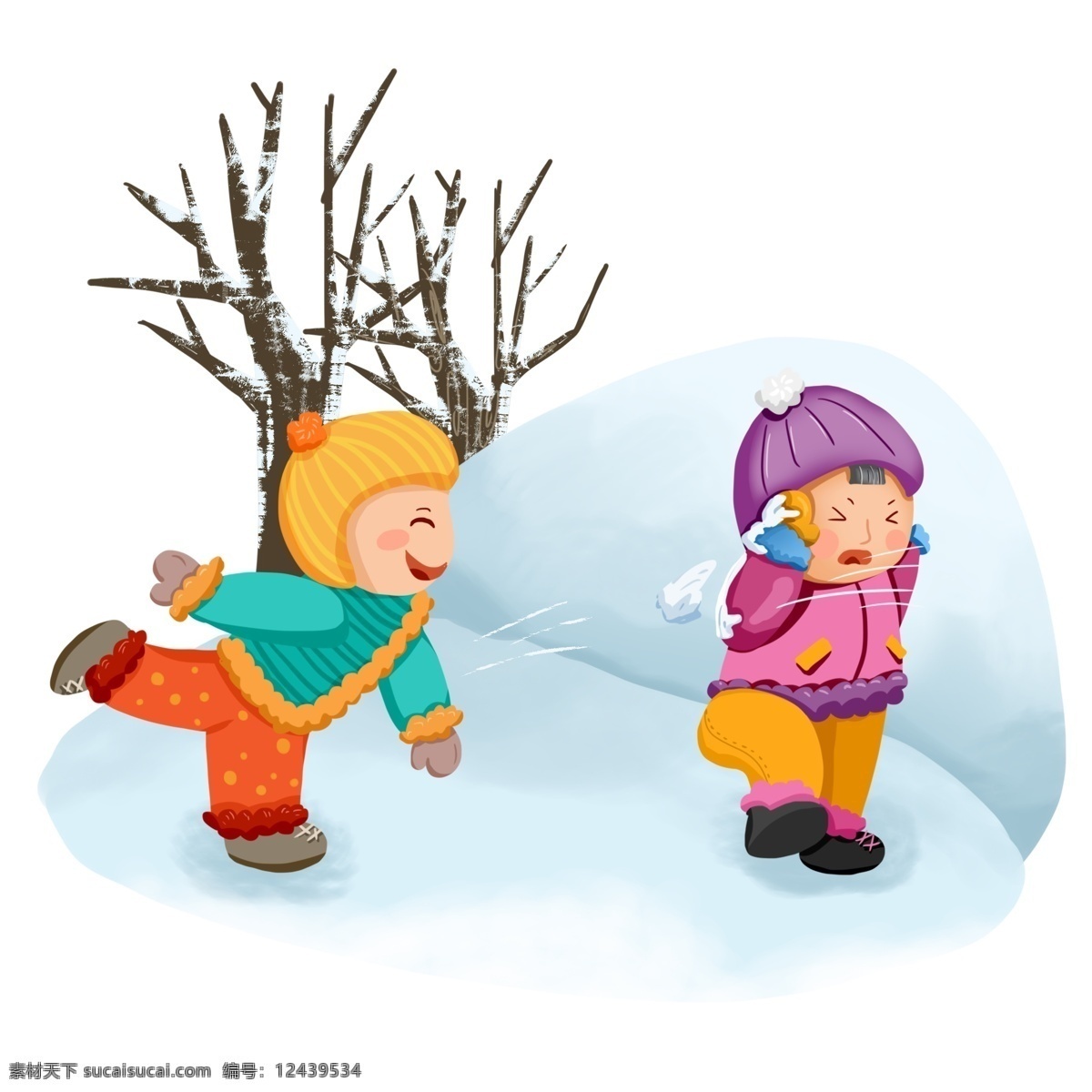 卡通 可爱 女孩 冬季 雪天 打雪仗 玩耍 元素 下雪 雪树