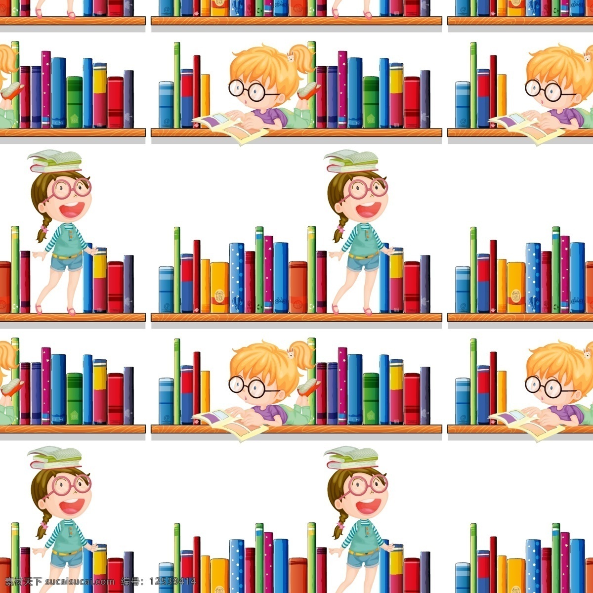 书架 上 看书 学习 女孩 书本 整齐 玩耍 卡通人物 卡通书本 卡通背景 无缝背景 动漫动画 动漫人物