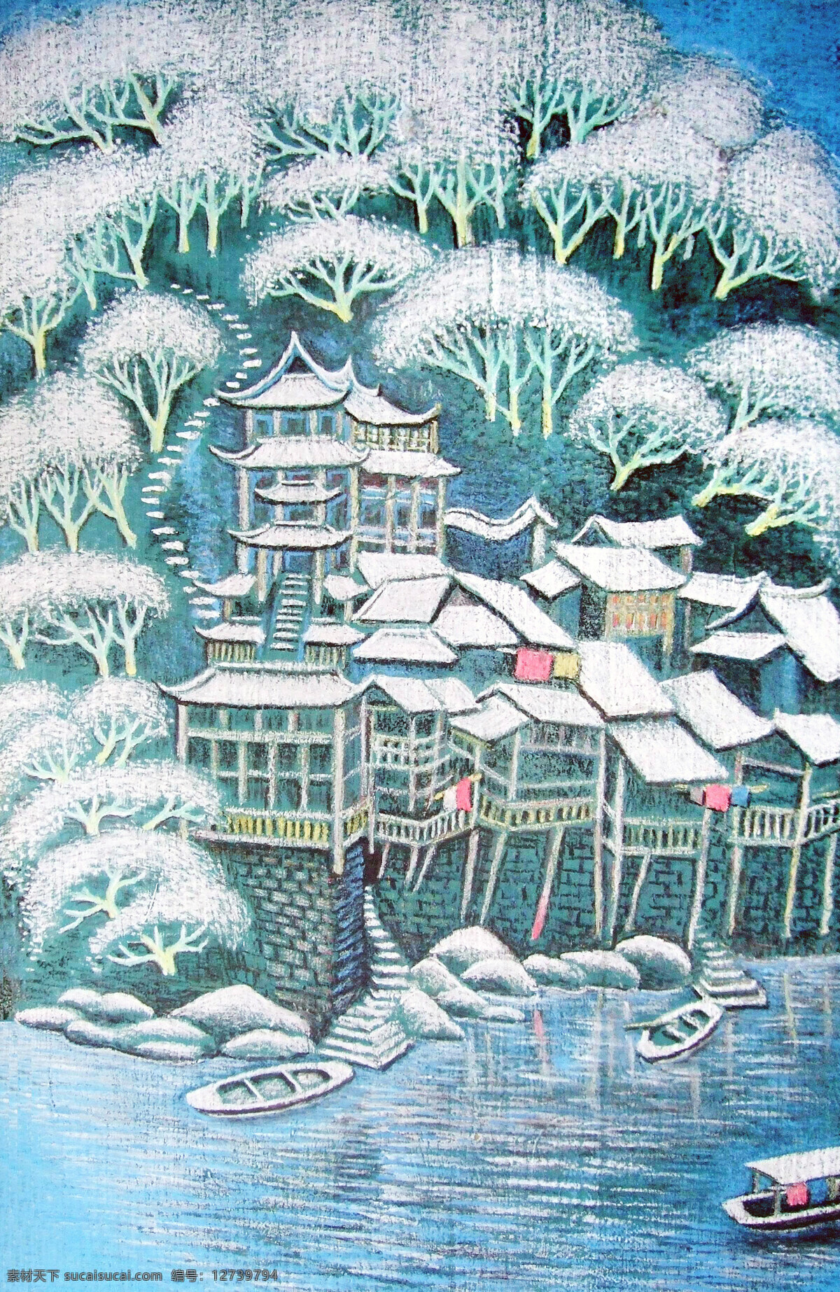 船只 房屋 风景 阁楼 河流 花木 绘画书法 美术 水寨春晓 油画 装饰画 水乡 寨子 吊脚屋 树木 油画艺术 油画作品31 文化艺术 家居装饰素材