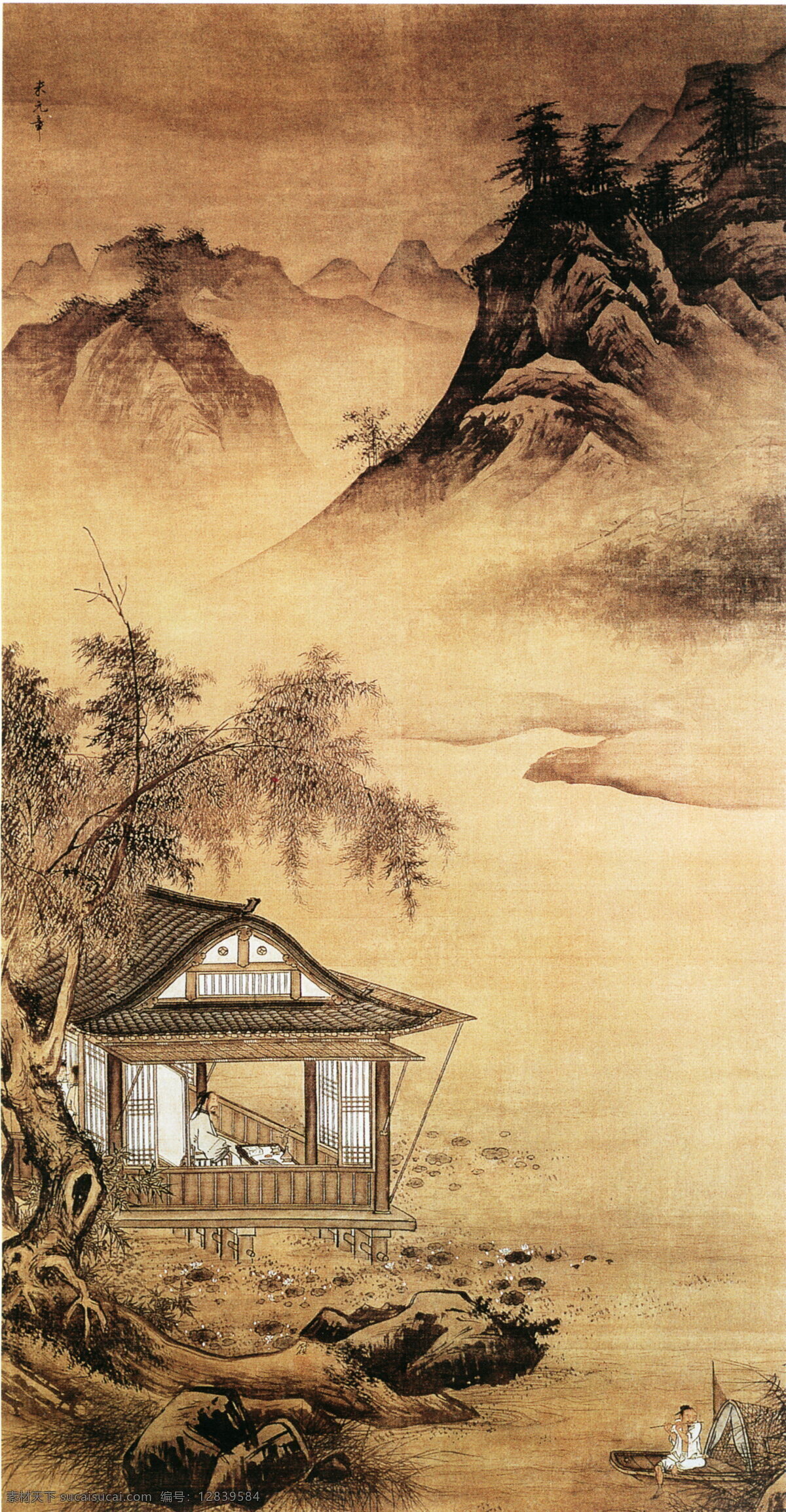 听箫图 山水画 中国 古画 中国古画 设计素材 山水名画 古典藏画 书画美术 黄色