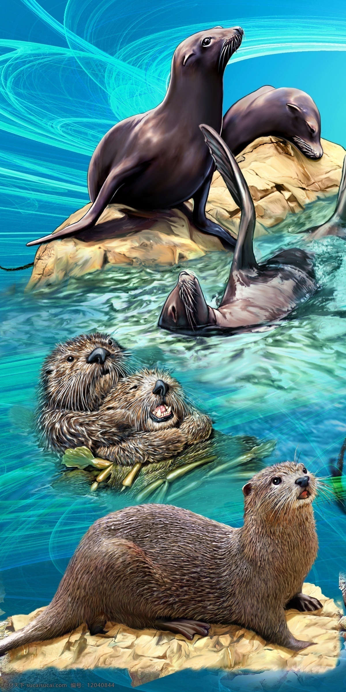 海豹 海狮 高清 分层 海水 世界 蓝色 石头 海洋 动物 礁石 嬉戏 玩耍 快乐 愉快 毛发 母子 棕色 黄色 源文件