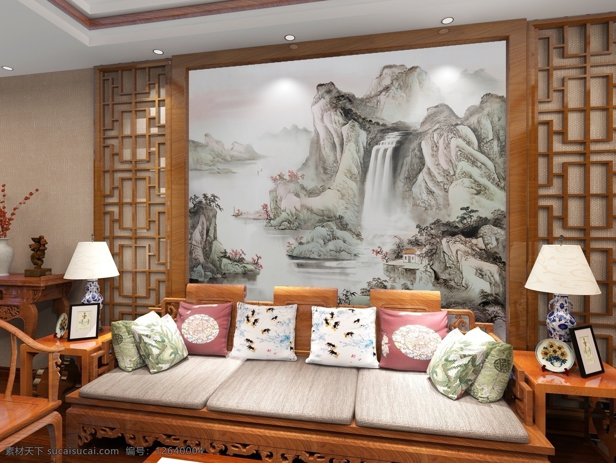 中式 背景 墙 山水 系列 效果图
