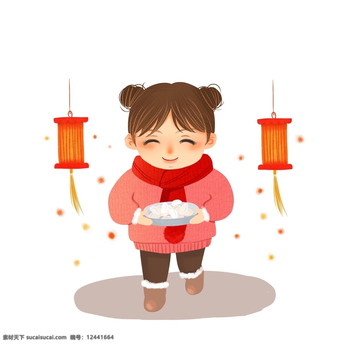 新年 过年 元旦 2019 端 饺子 小女孩 端饺子 上饺子 女生 可爱卡通 开心 美食 灯笼 宫灯 红色