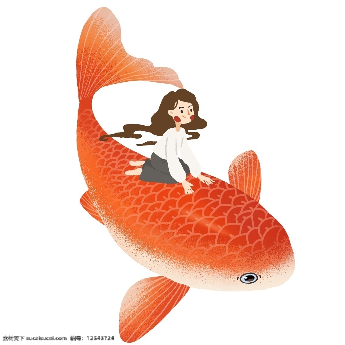 唯美 治愈 系 乘着 锦鲤 女孩 清新 插画 少女 手绘 转运锦鲤 卡通设计