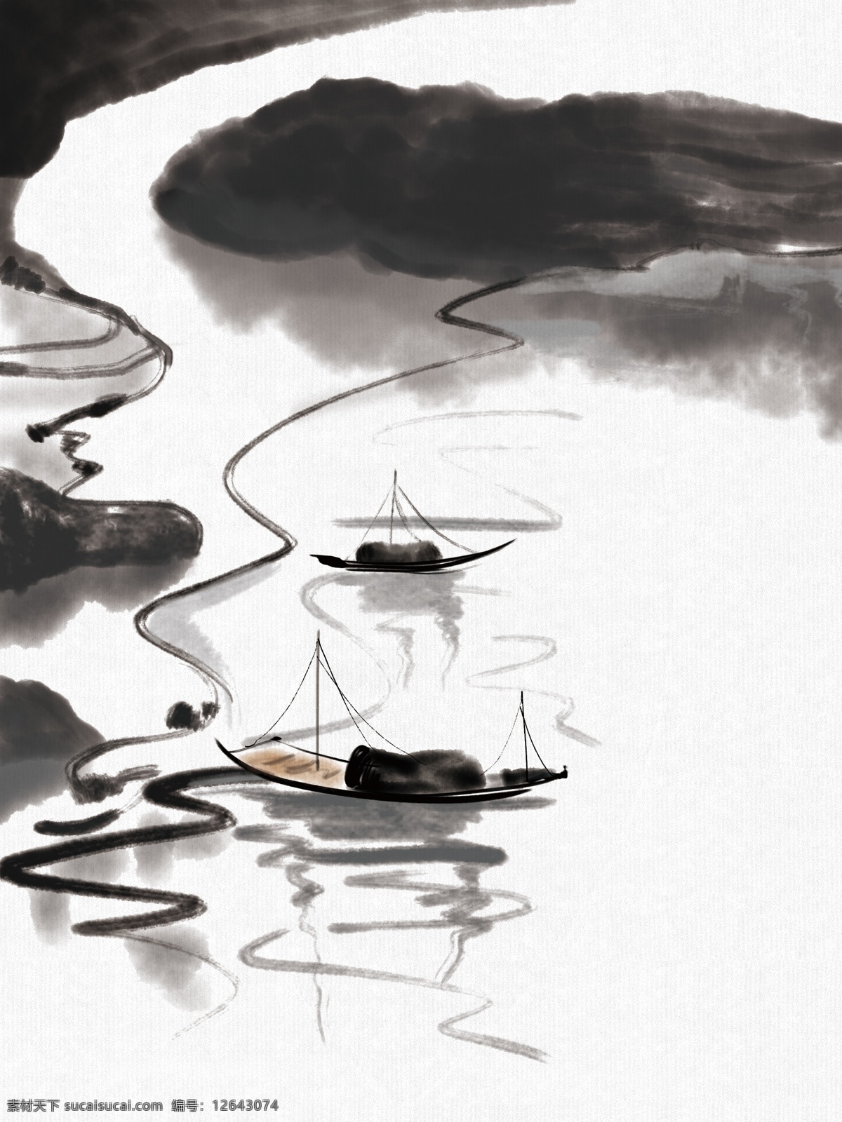 中国 风 手绘 水墨 山水 装饰画 中国风 传统 国画 小船