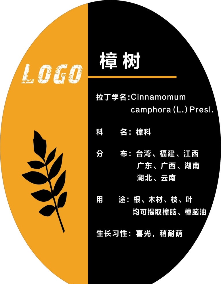 树牌样板 树牌 樟树 样板 橘黄 黑色 树叶 树介绍 标志logo 企业 logo 标志 标识标志图标 矢量