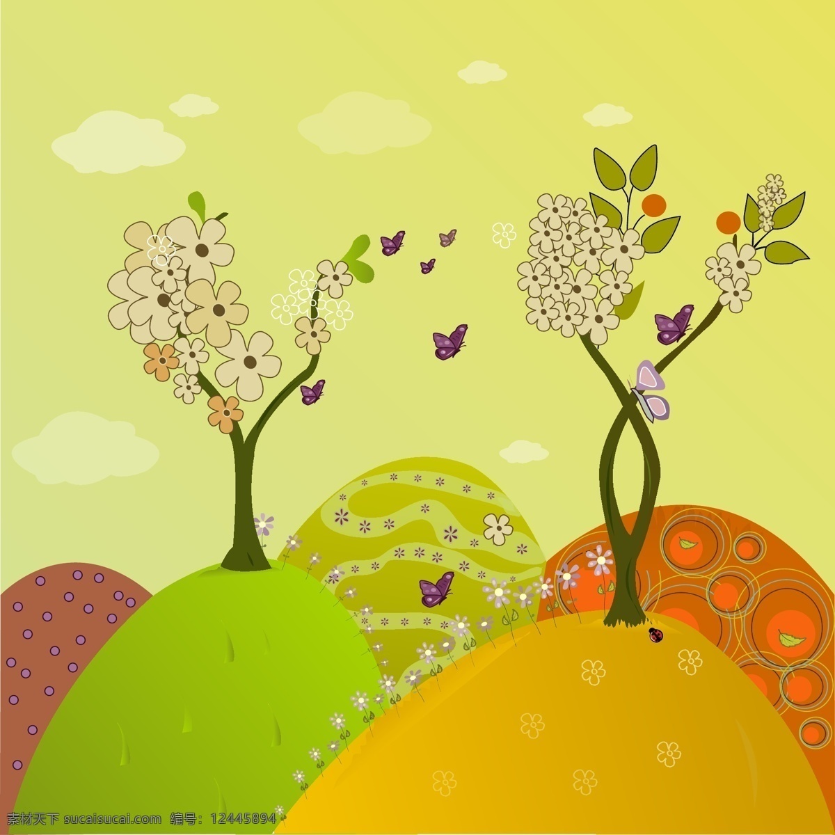 卡通 风格 春天 元素 矢量 插画 花 树木 小鸡 小鸟 矢量图 其他矢量图