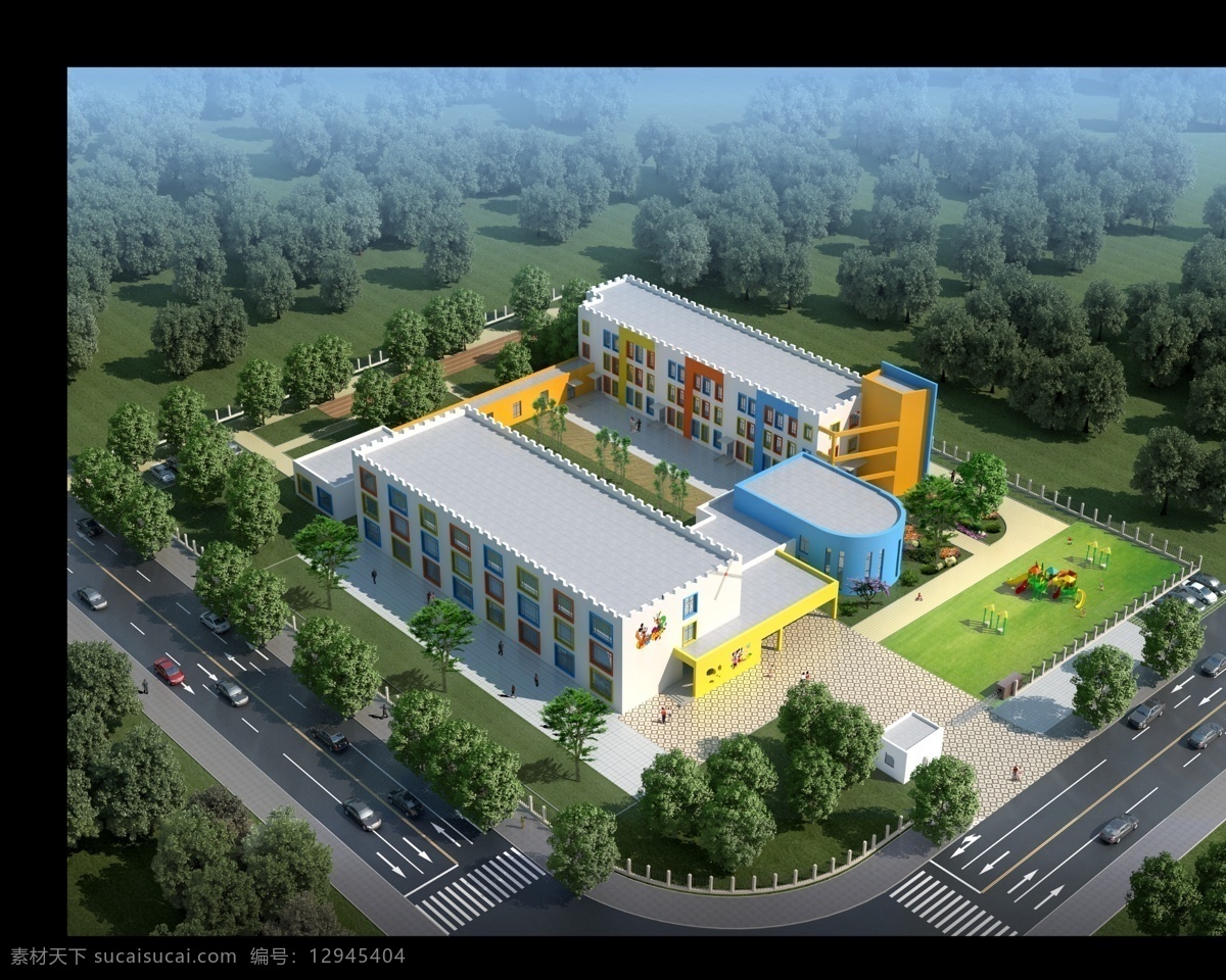 鸟瞰幼儿园 鸟瞰 幼儿园效果图 树木 车 马路 建筑 楼房 建筑设计 环境设计 源文件
