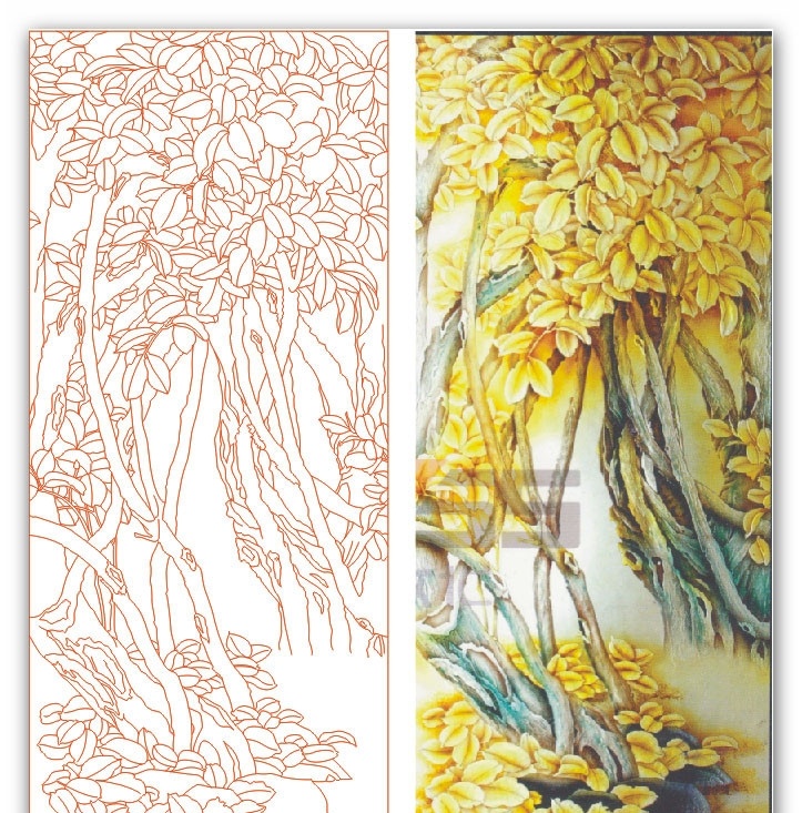 榕树线描稿 艺术玻璃用图 沙雕图 叶子 艺术玻璃 雕刻 矢量 美术绘画 文化艺术