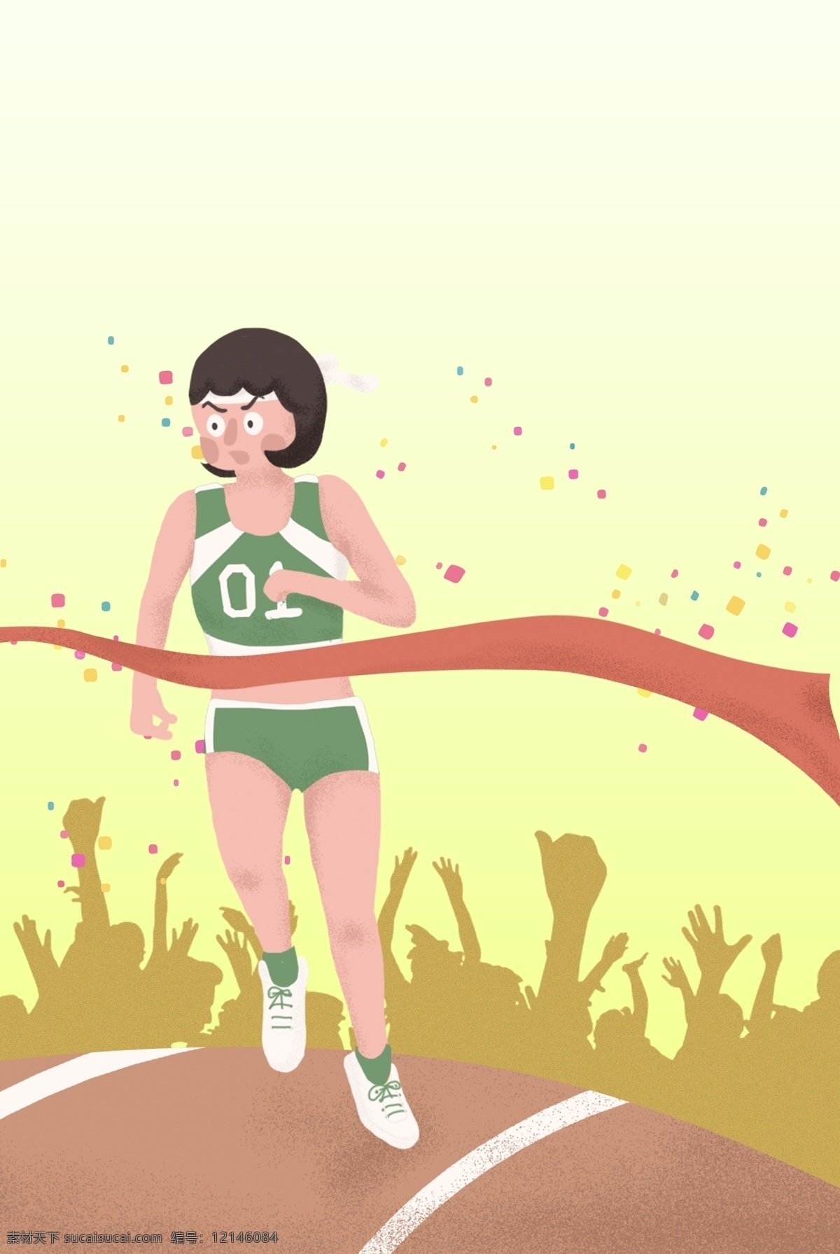 秋季 学校 运动会 长跑 比赛 手绘 海报 背景 喝彩 观众 跑道 女孩 获胜 冠军 卡通