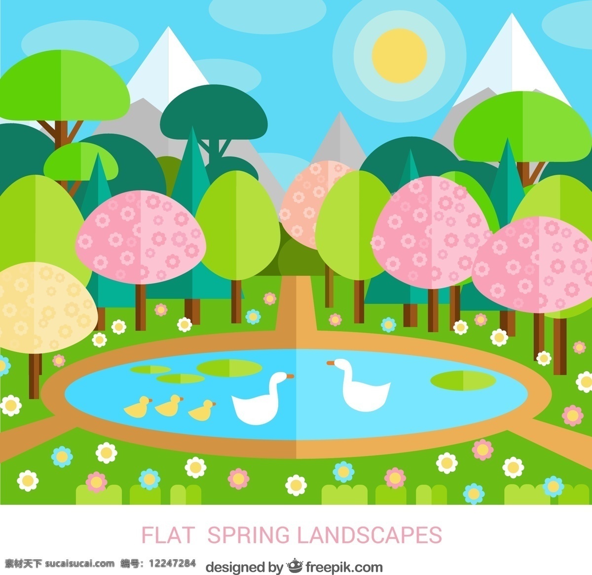 春季 池塘 里 鹅 风景 矢量 扁平化 树木 太阳 花卉 雪山 动漫动画 风景漫画