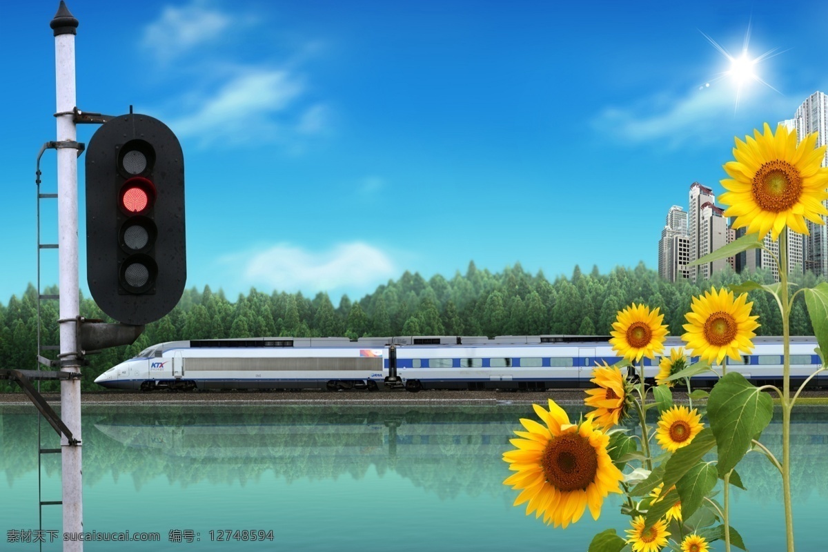 韩国素材 花朵 鲜花 向日葵 红绿灯 火车 高铁 天空 蓝天 白云 云朵 植物 风景 自然 景物 指示灯 分层