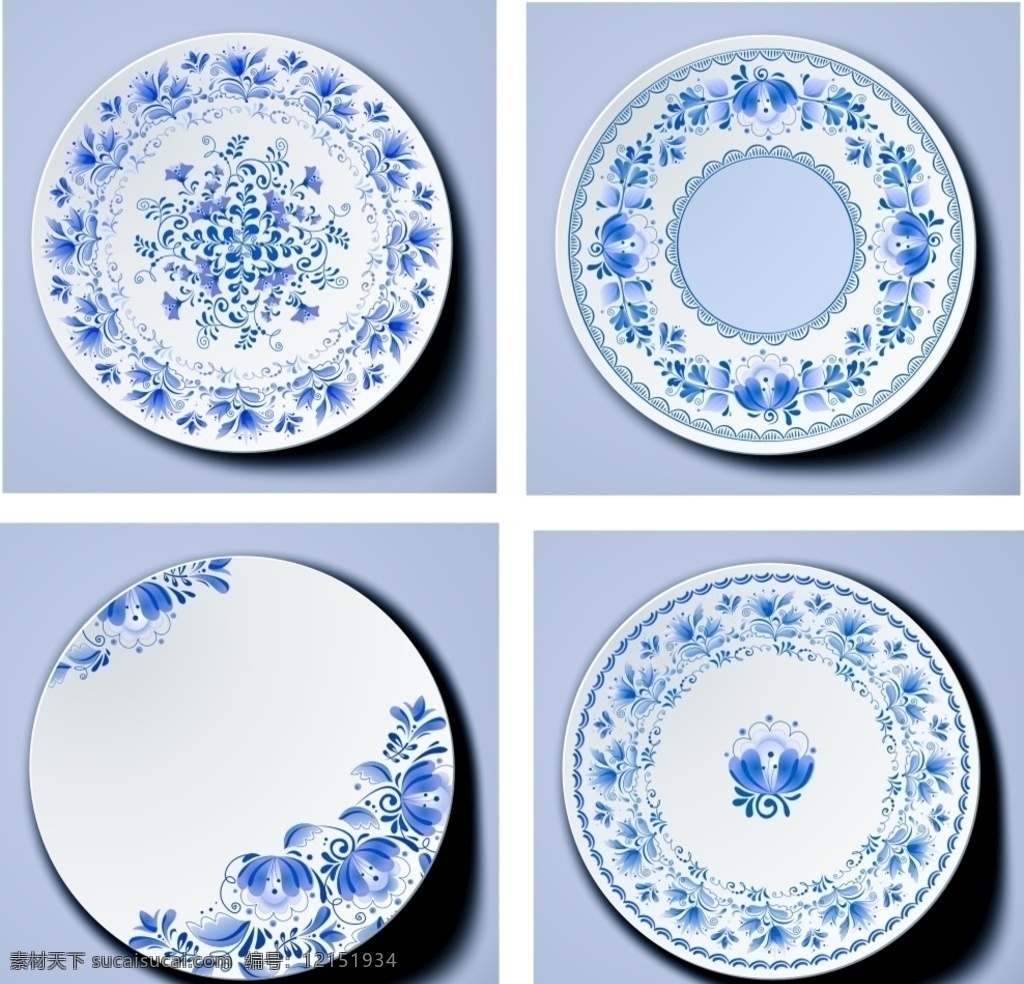 青花瓷盘子 青花瓷 瓷盘 中国风 餐具 墙面装饰盘 矢量素材 盘子