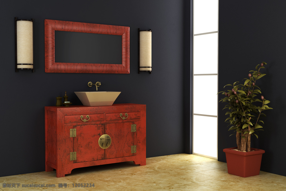 黑色 墙壁 前 红色 柜子 黑色墙壁 木柜 红色柜子 家具 盆栽 室内设计 环境家居
