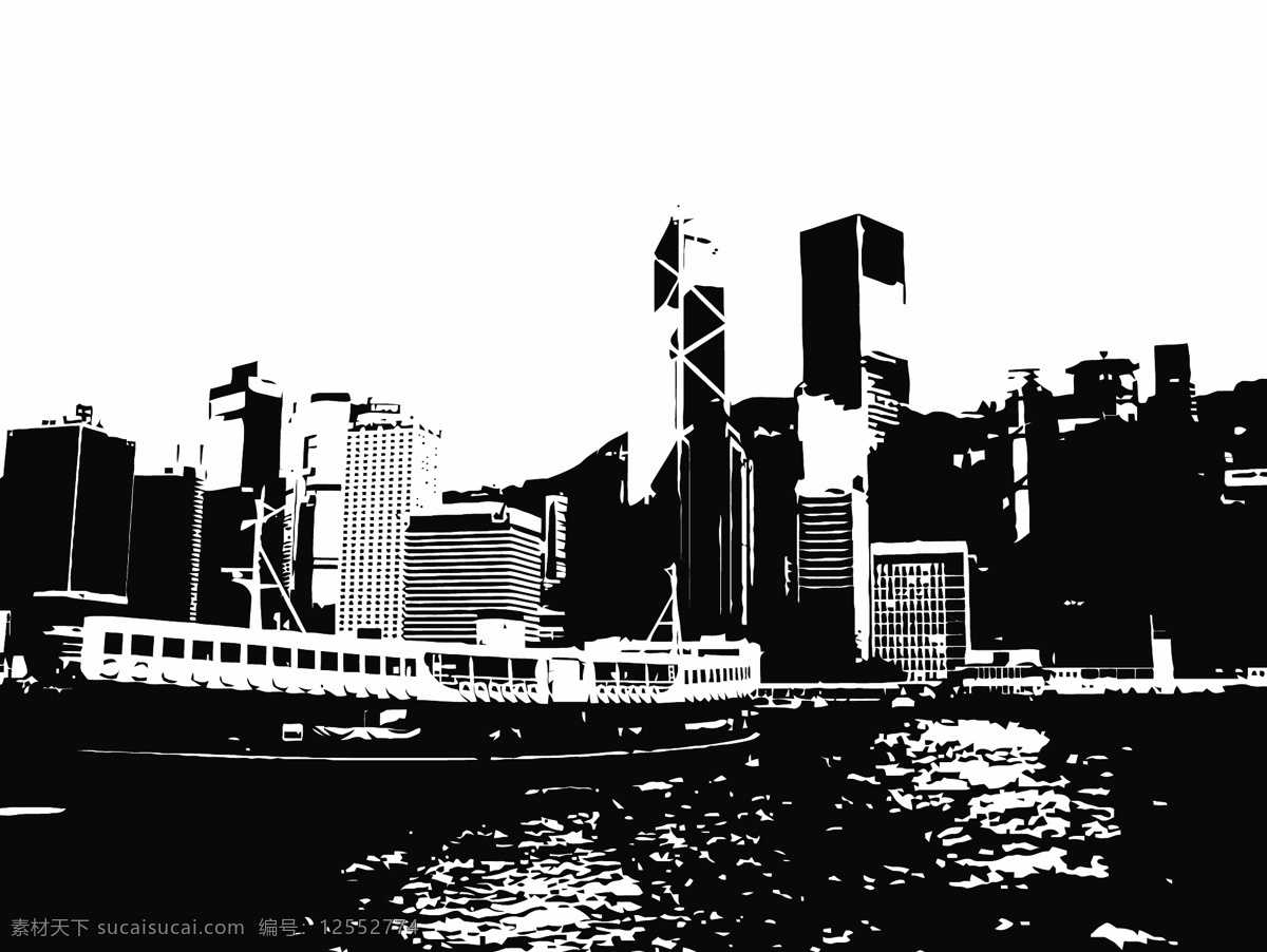 香港 城市 剪影 城市建筑 港口 建筑家居 香港城市剪影 高樓 大廈 天際線 渡船 矢量 装饰素材 建筑设计