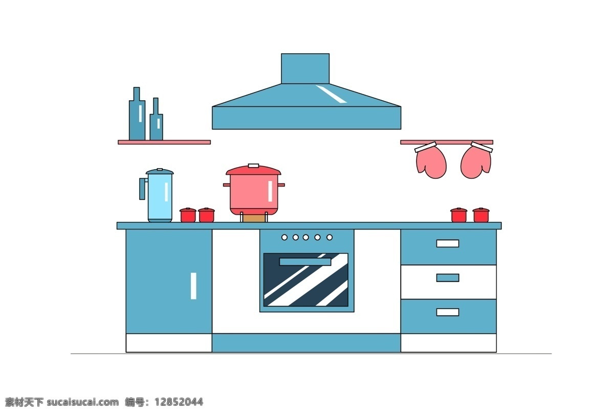 蓝色 厨房 装修 插画 蓝色的橱柜 卡通插画 装修插画 装饰装修 厨房装修 室内装修 蓝色的油烟机