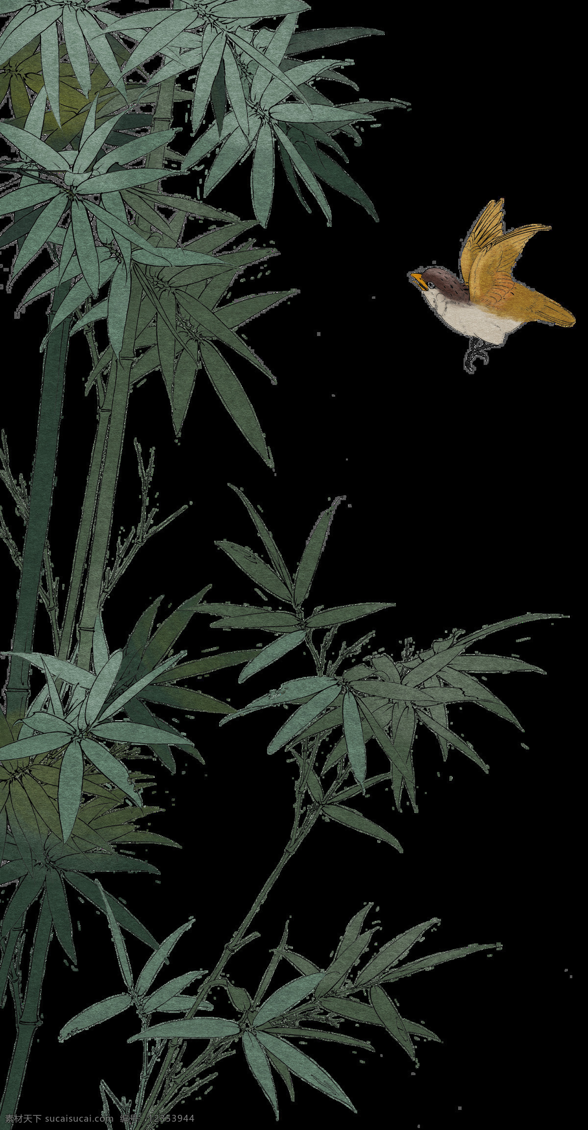 竹子绘画 中国风 古风 传统绘画 工笔画 植物 花朵 树枝 花鸟 创意 装饰图案 绿叶 精美 图案 水彩绘画 鸟儿 竹子