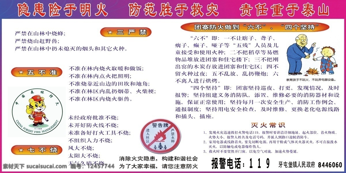 森林防火宣传 森林防火 三严禁 五不准 七不烧 团寨防火 灭火常识 报警电话 宣传栏 森林防火标志 展板模板 广告设计模板 源文件