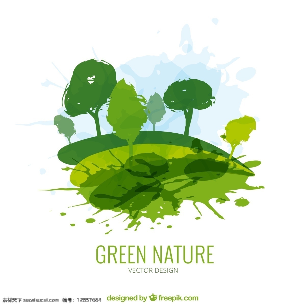 水彩 绘 绿色 自然 树木 矢量图 草地 风景 墨迹