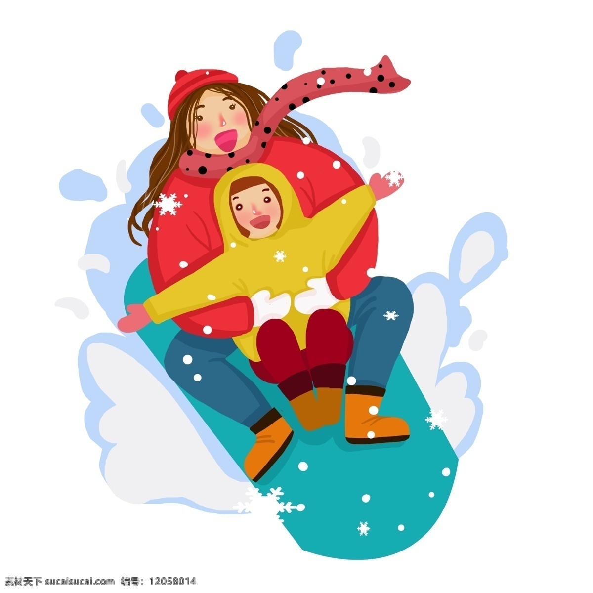 冬季 旅行 滑雪 小女孩 滑雪的小女孩 白色的雪花 漂亮的小女孩 玩耍的小女孩 人物 插画 蓝色的滑雪板