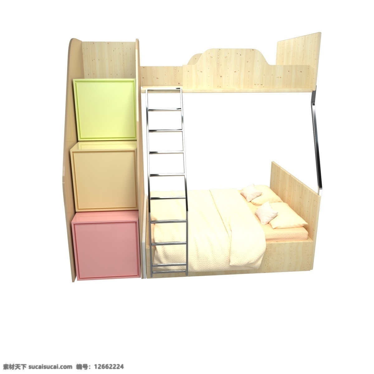 3d 暖色 木质 高低 床 c4d 双人床 写实 布料 欧式床 单人床 家居 家具 家装 卧室家居 床单 床垫 木床 橙色 高低床