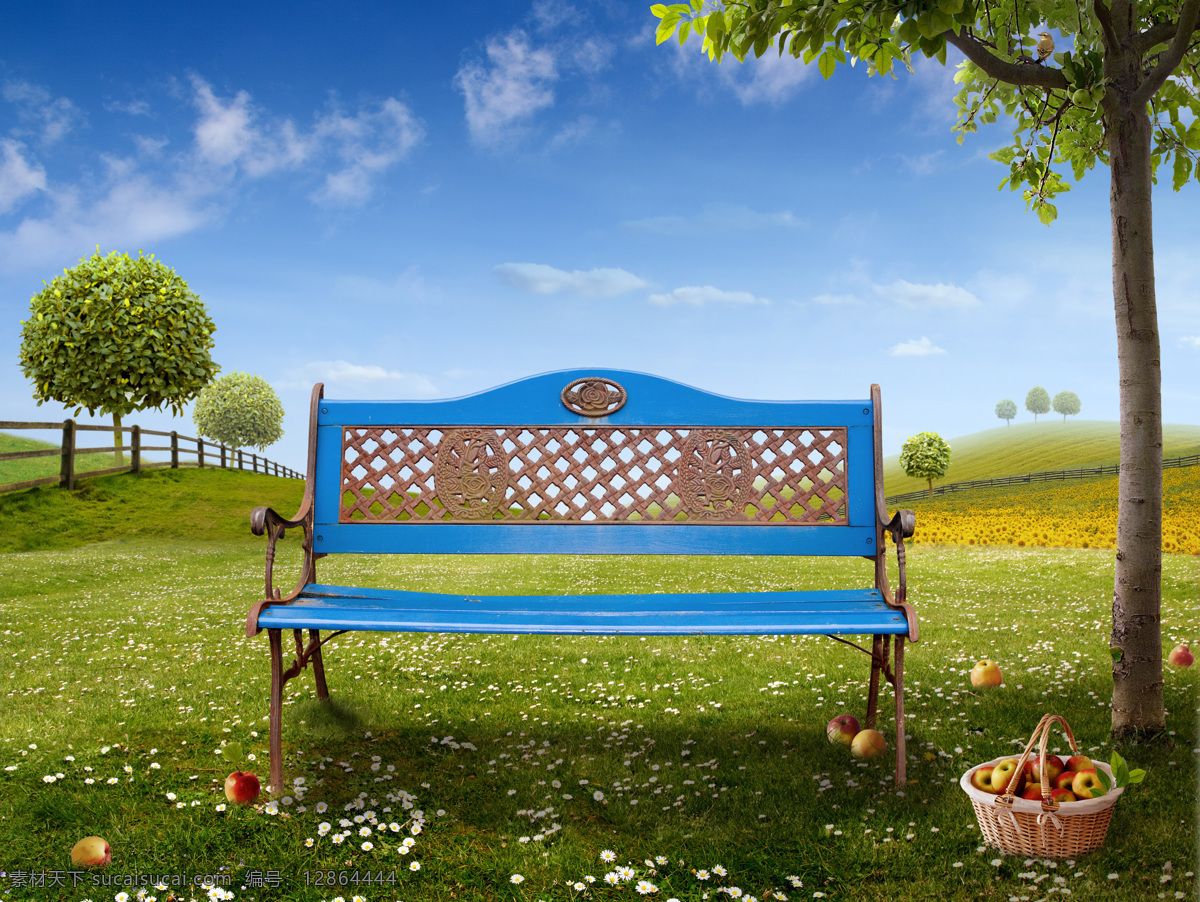 草地 上 休闲 椅子 绿色 木栏 栅栏 树木 休闲椅 果树 果实 水果 水果篮 蓝天白云 插画 风景图片 山水风景