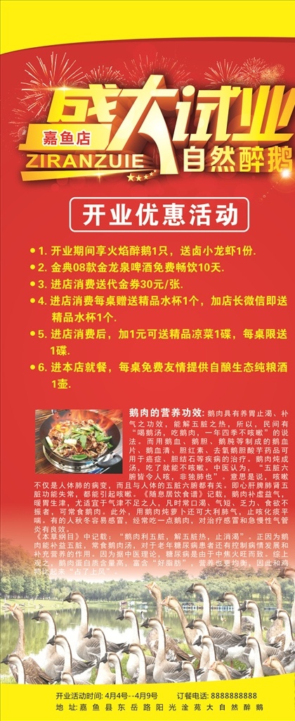 大自然醉鹅 醉鹅 展架 红色展架 门前架 醉鹅营养价值 开业活动 盛大试业 优惠活动 开业大酬宾