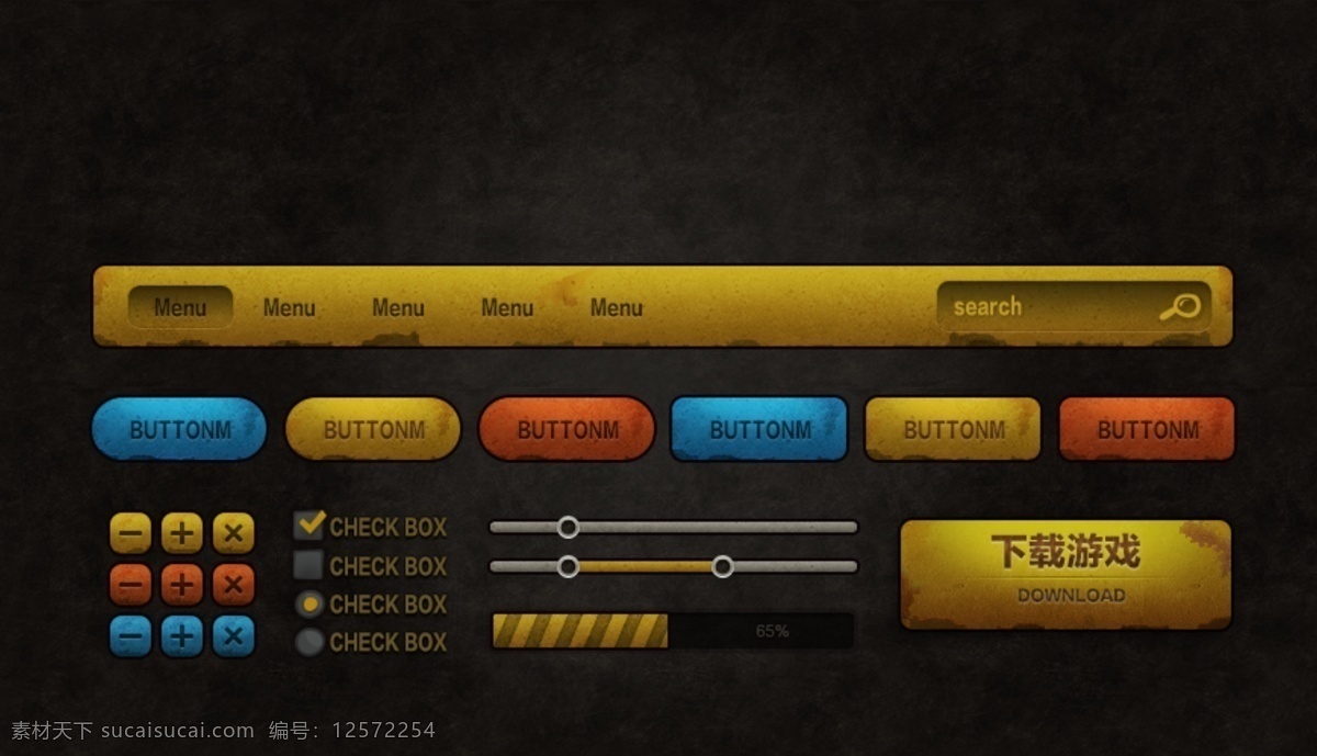 游戏ui按钮 ui 按钮 图标 黄色 红色 蓝色 网页设计 vi设计