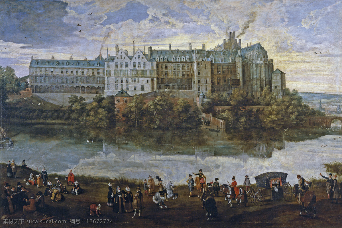 大师 画家 古典 画 建筑 景物 装 ca bruselas de real palacio el sebastian vrancx pieter joven brueghel 人物 油画 高清 西方 国外 现代 家居装饰素材