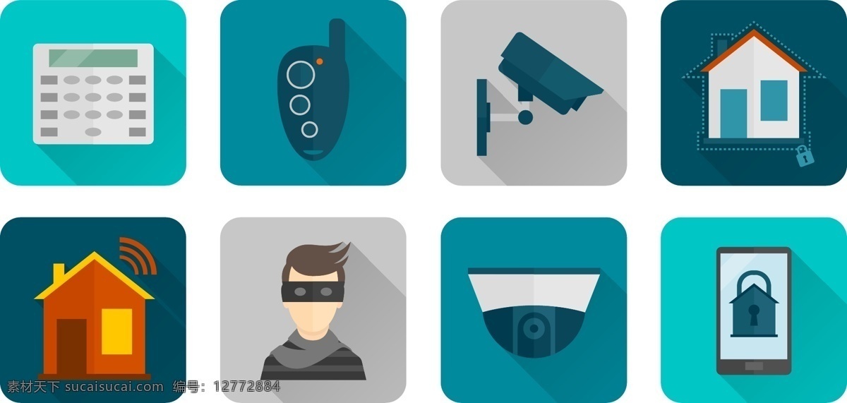 彩色 安保 图标素材 遥控 摄像头 监控 小偷 矢量素材 答录机 家庭信号 上锁 安全