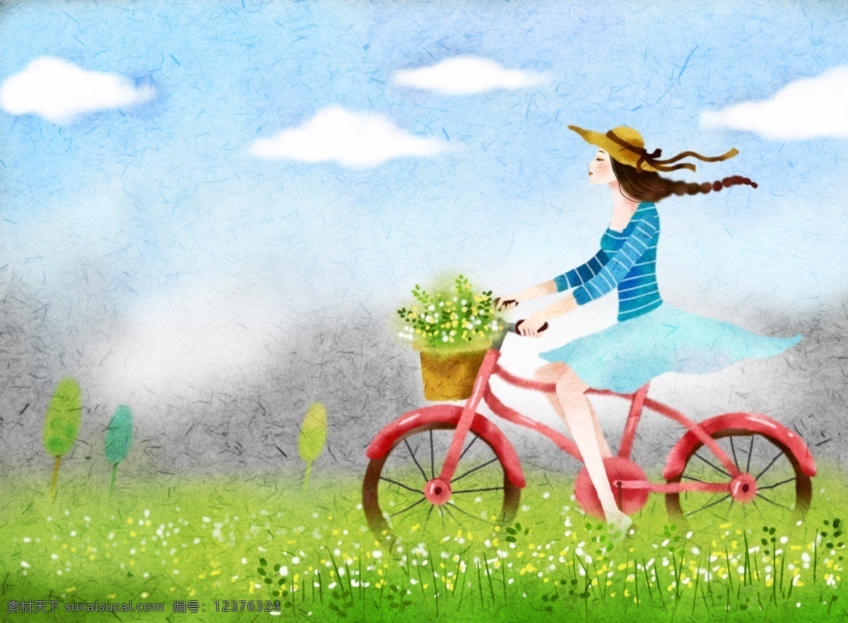 春天 骑 单车 美女 插画 设计素材 psd素材 插画设计 骑单车美女 韩风插图 psd源文件