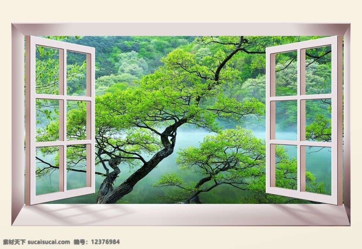 窗外风景 窗外 窗台 窗框 绿树 风景 湖水 梦境 分层 源文件