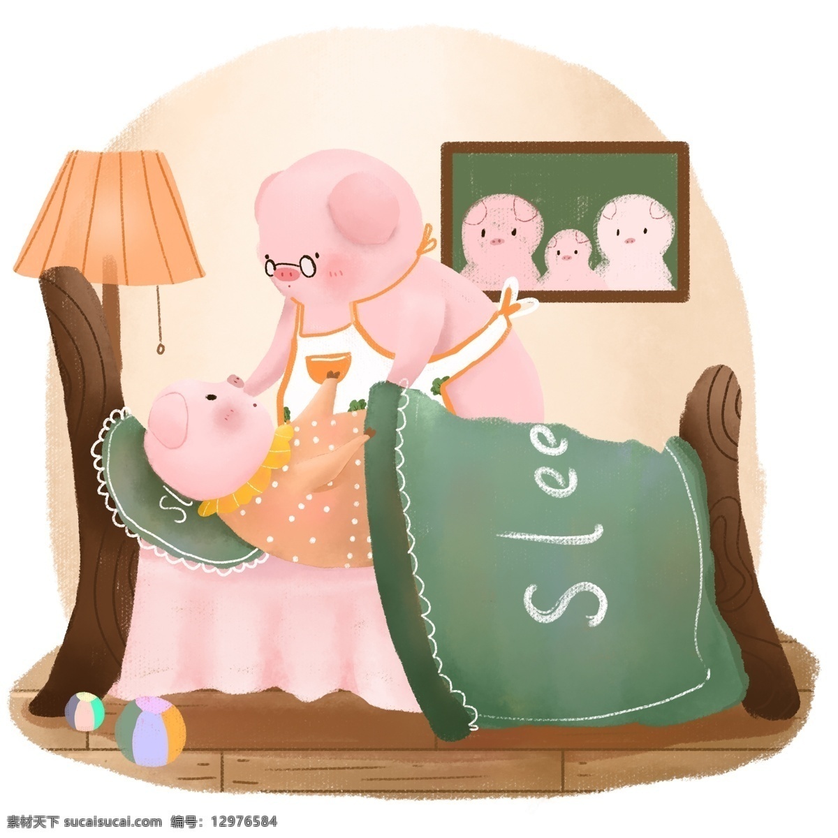 生肖 动物 猪 卡通 可爱 儿童 手绘 插画 晚安 睡觉 元素 卡通可爱