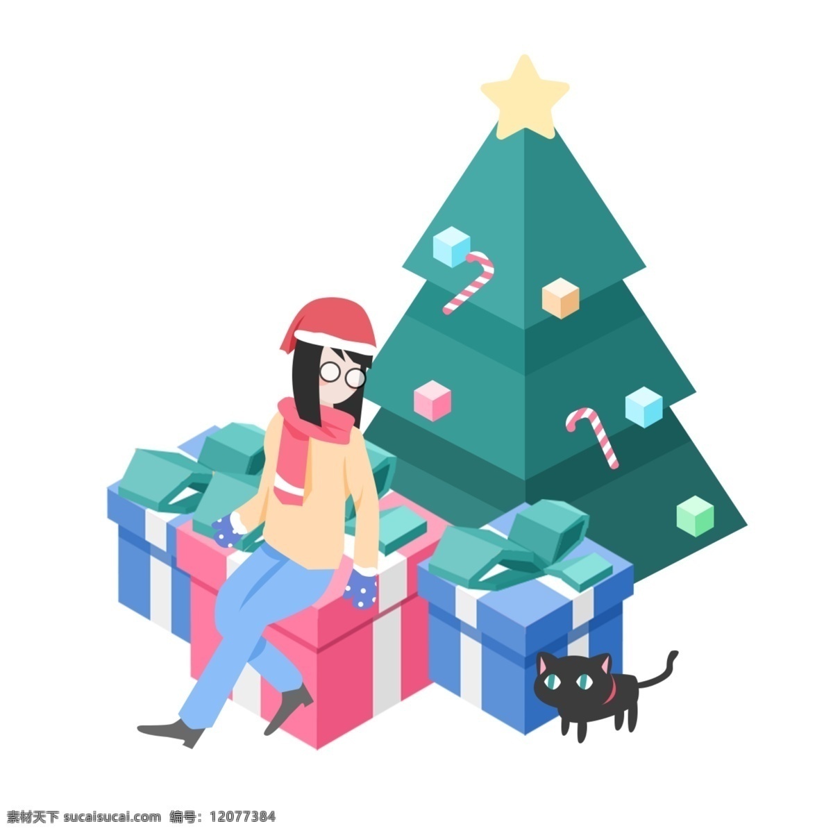圣诞节 女孩 收礼 物 d 立体 场景 圣诞 圣诞夜 平安夜 圣诞树 小猫 收礼物 礼物 2.5d 等轴侧 扁平 插画