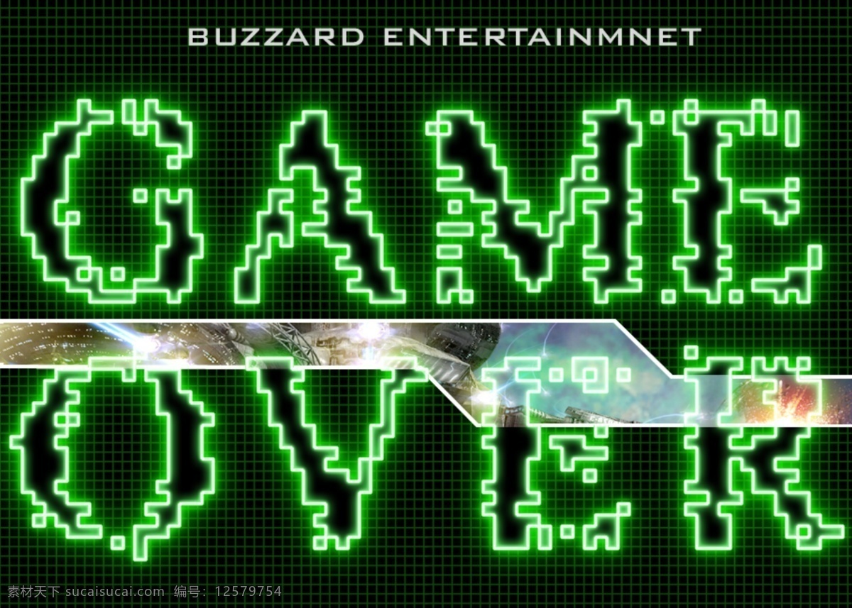 game over 游戏炫酷 游戏 像素 炫光 绿色 科幻 战争 海报 平面 分层