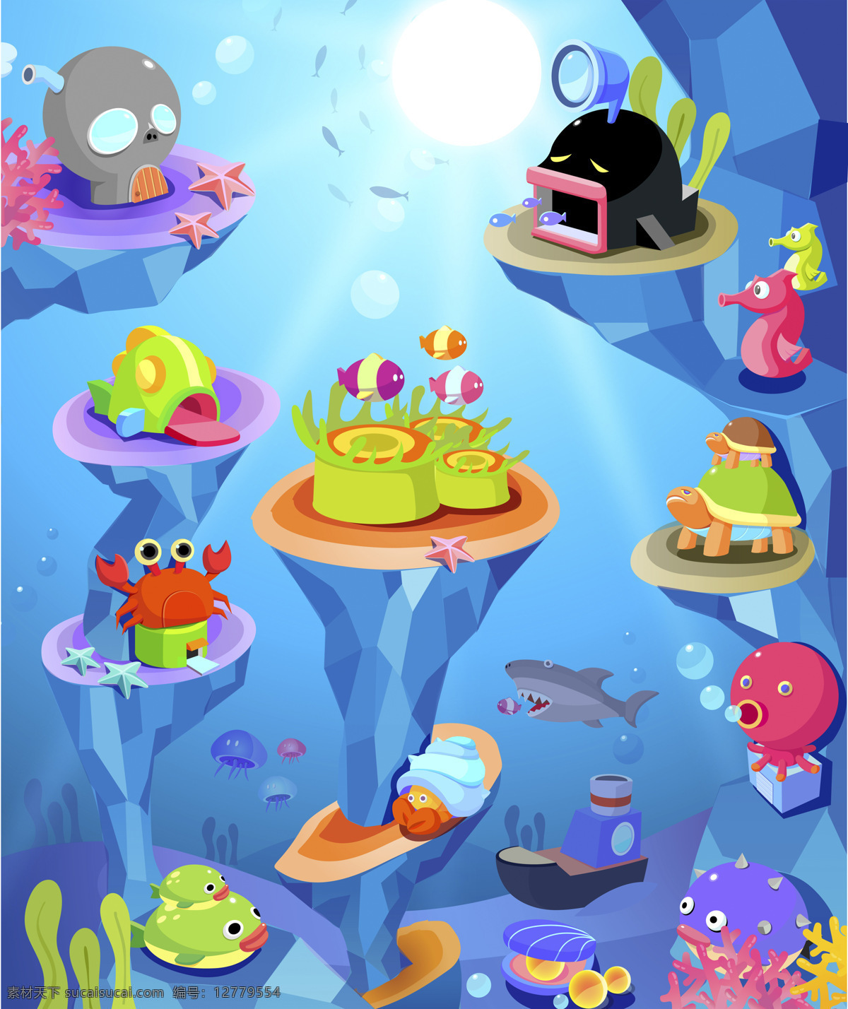 卡通 海底 世界 卡通画 插画 可爱 儿童画 海底世界 鱼类 海藻 漫画插画 文化艺术