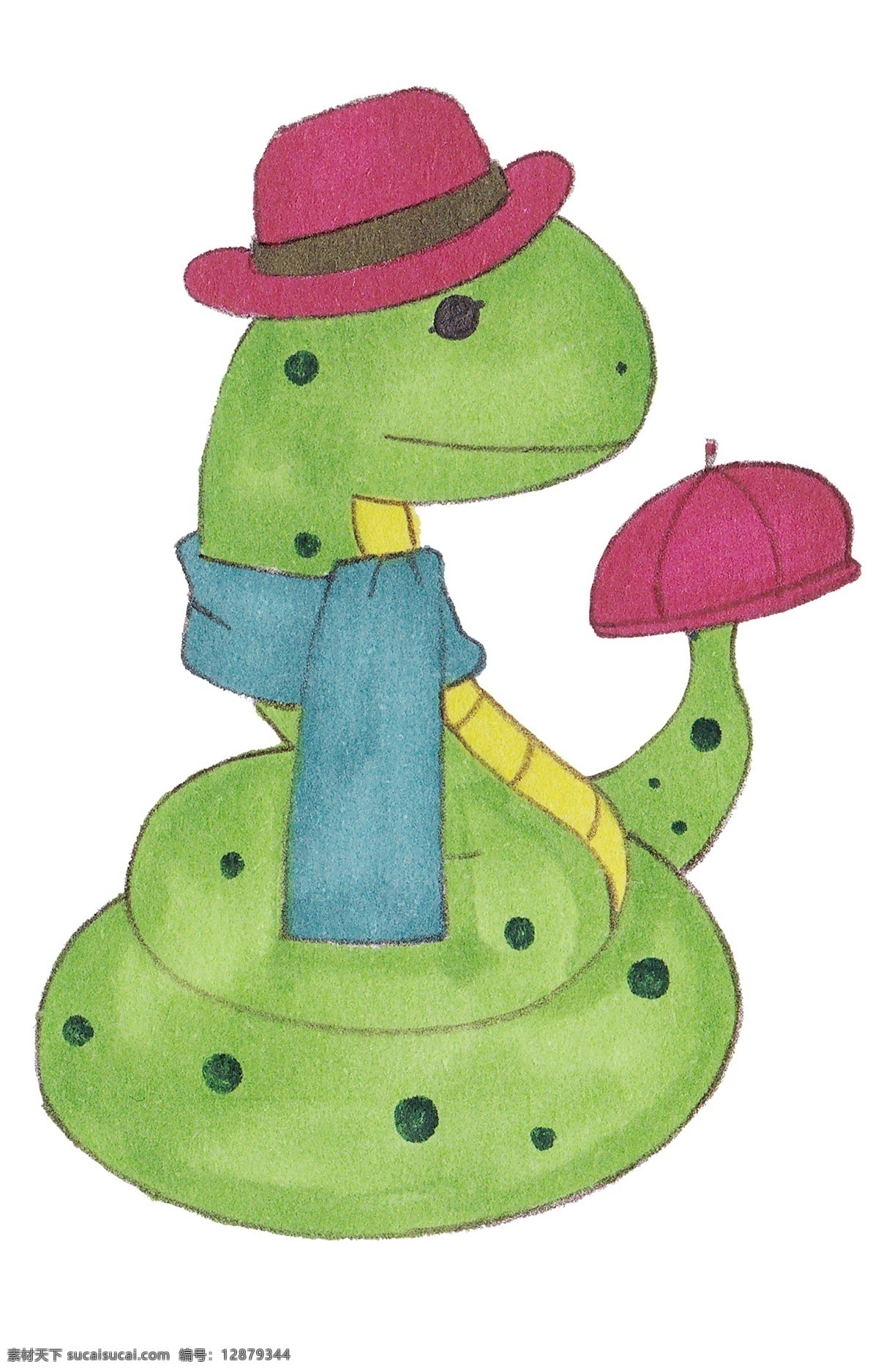 水彩 系 围巾 戴 红帽 小 蛇 插画 水彩小蛇 卡通小蛇 卖帽子的小蛇 绿色小蛇 小动物 小蛇系围巾 戴红帽小蛇 手绘插画