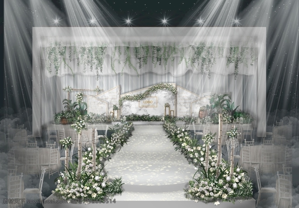 白 绿色 小 清新 婚礼 效果图 舞台 主题 花艺 吊顶 婚礼效果图 环境设计