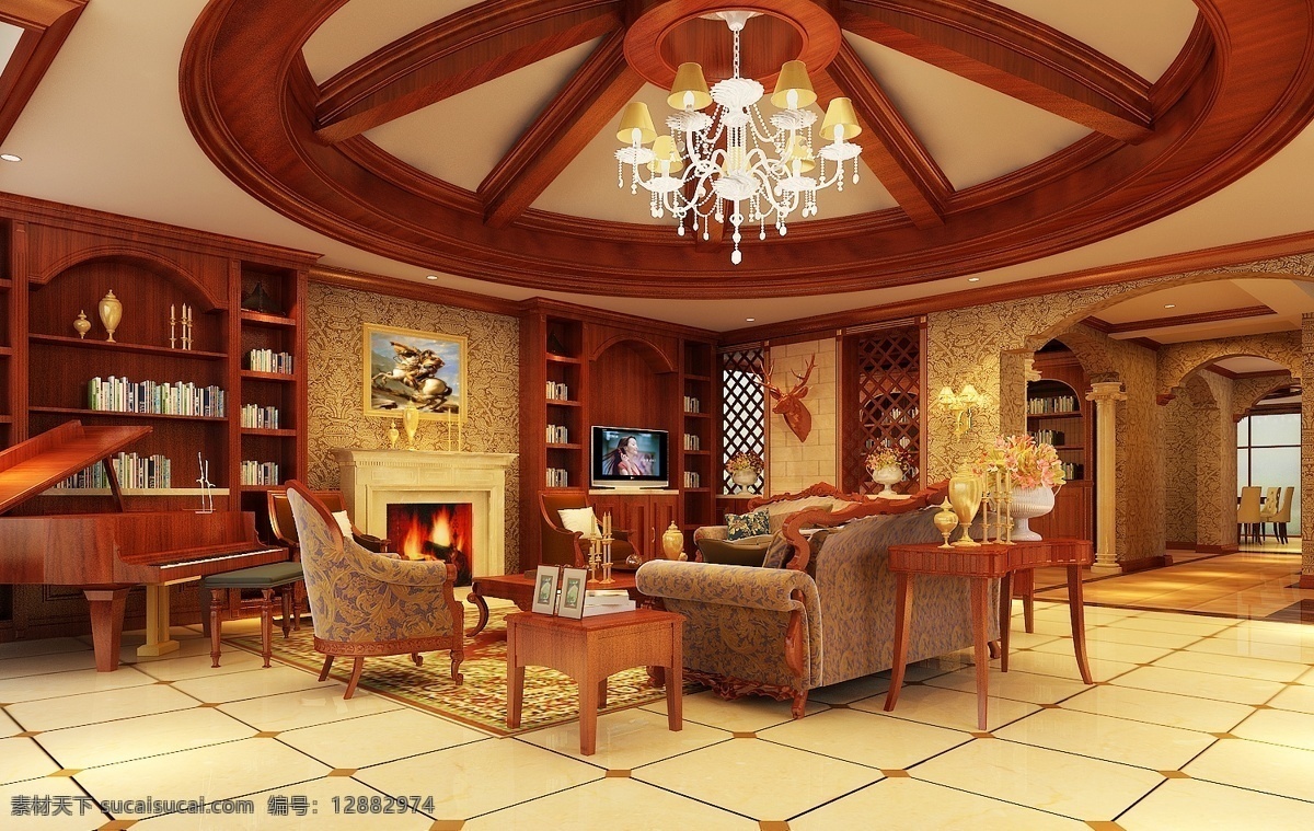 豪华 中式 装修 会客室 地板 红木 装饰 3d模型素材 室内装饰模型