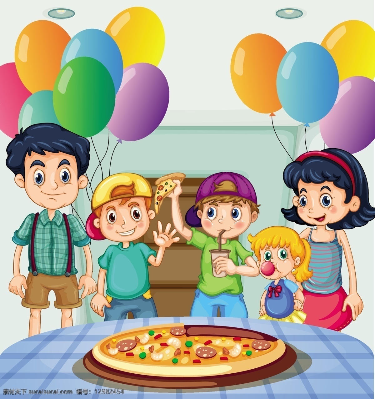 卡通儿童插画 餐食 美食 节日 聚餐 气球 卡通儿童 动作 快乐 卡通 人物 男孩 女孩 学生 户外活动 幼儿园素材 卡通设计