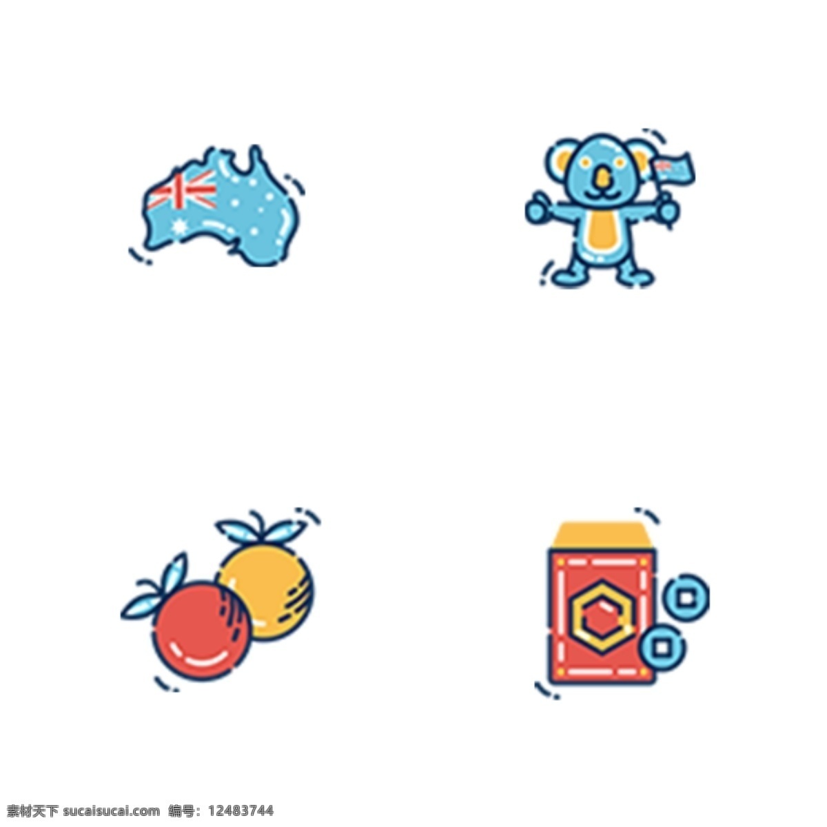 彩色 澳大利亚 风格 中国 节日 图标 元素 扁平化 ui图标 卡通插画 传统节日 鸭嘴兽 动物 旗帜