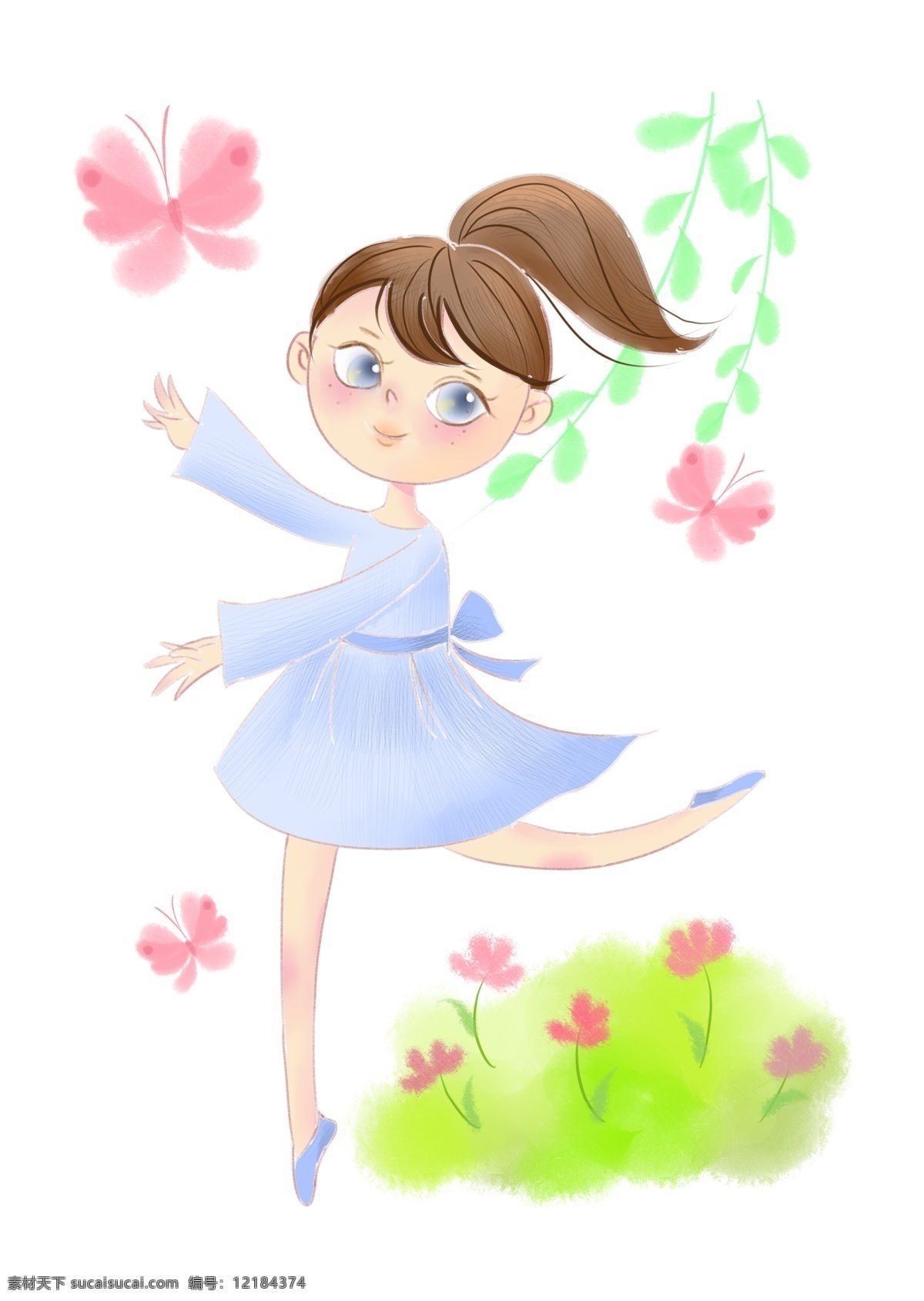 春分 人物 蝴蝶 插画 春分人物插画 粉色的蝴蝶 漂亮的小女孩 开心的小女孩 卡通人物 绿色的叶子
