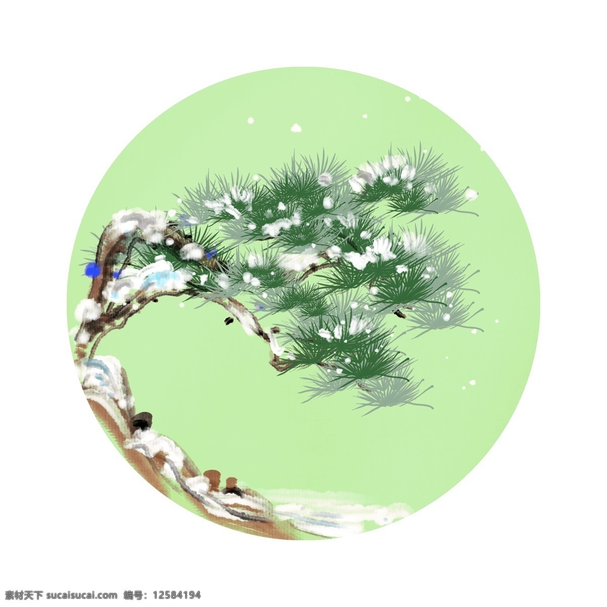 手绘 冬季 松树 边框 落雪的松树 绿油油的松树 卡通边框 手绘圆形边框 冬季圆形边框 冬天的松树