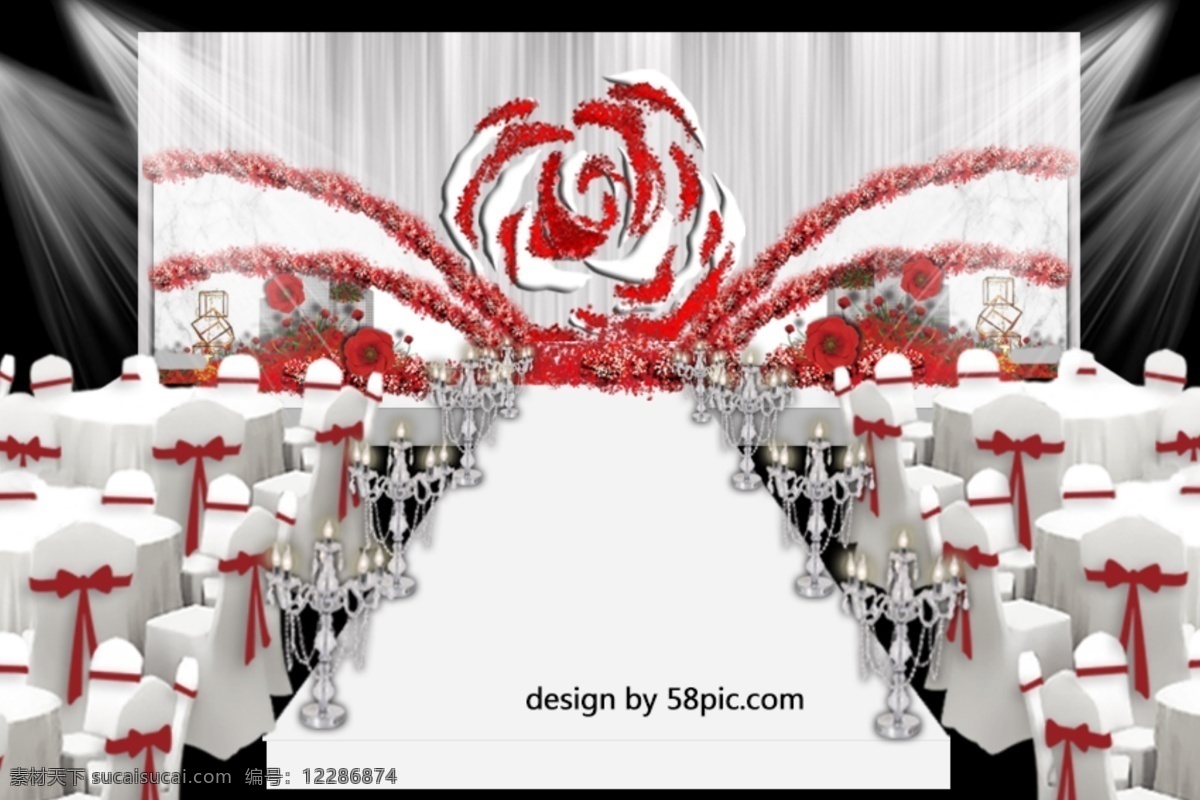 室内设计 红白色 婚礼 主 舞台 效果图 红色玫瑰装饰 玫瑰花造型 水晶灯路引 布幔 装饰花