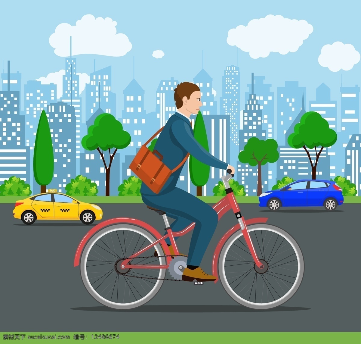 自行车 出行 人物 城市 汽车 绿树 蓝天 白云 低碳 环保