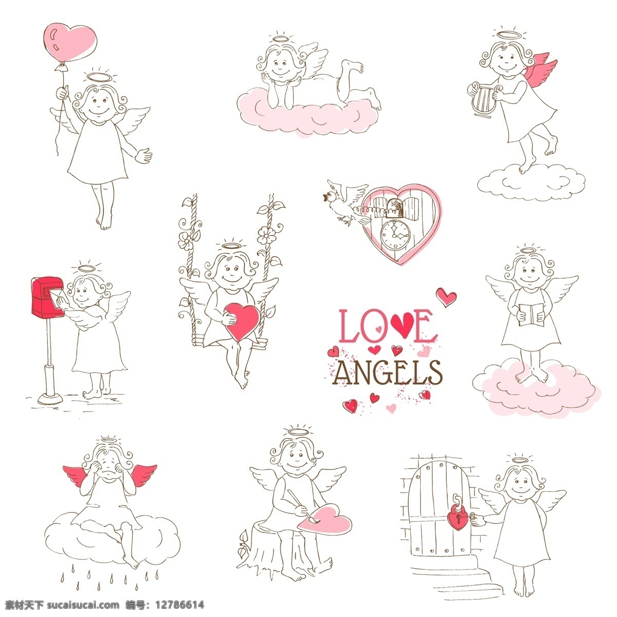可爱 天使 心 爱 一方面 手绘 情人节 粉色 云 素描 丘比特 可爱的天使 一天 绘制 集 白色