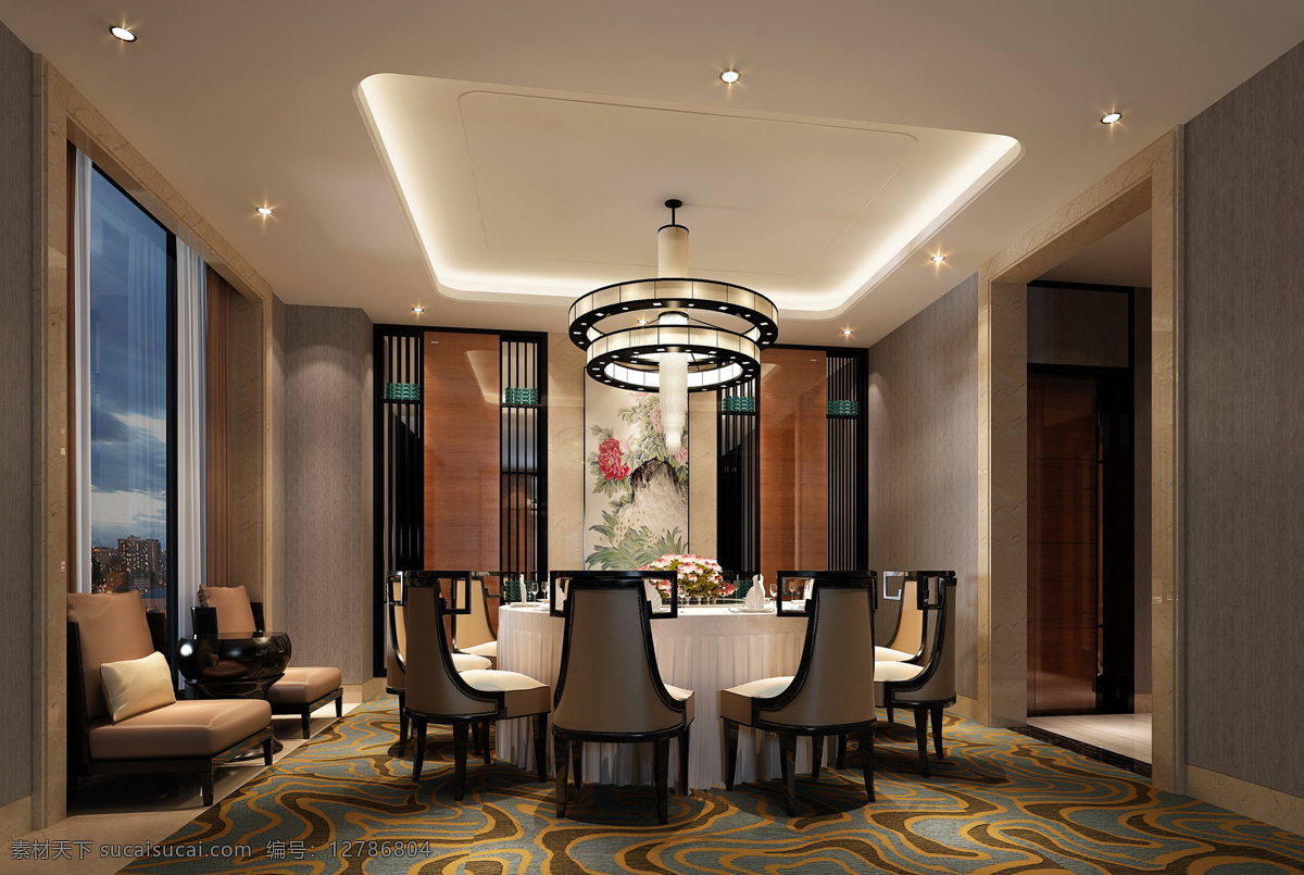 中式 酒店 包间 装修 效果图 吊顶 白色灯光 射灯 餐桌