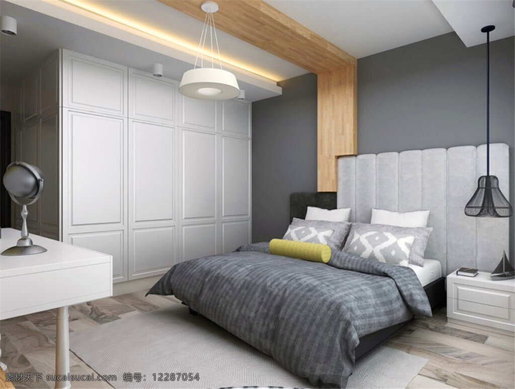 简约 卧室 床头 灰色 背景 装修 效果图 方形吊顶 个性吊灯 灰色地毯 米色衣柜 木地板 置物柜