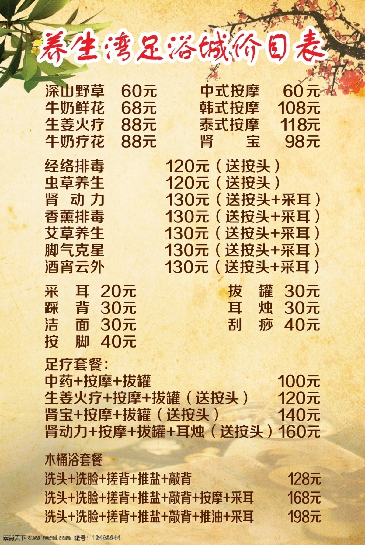 养生 湾 足浴 城 价目表 分层 养生湾 足浴城 中式按摩 足疗 木桶浴 拔罐 洗浴城 洗浴 洗浴展架 价目表展架 门口展架 洗浴城展架 足浴展架 展架 中药 梅花树枝背景