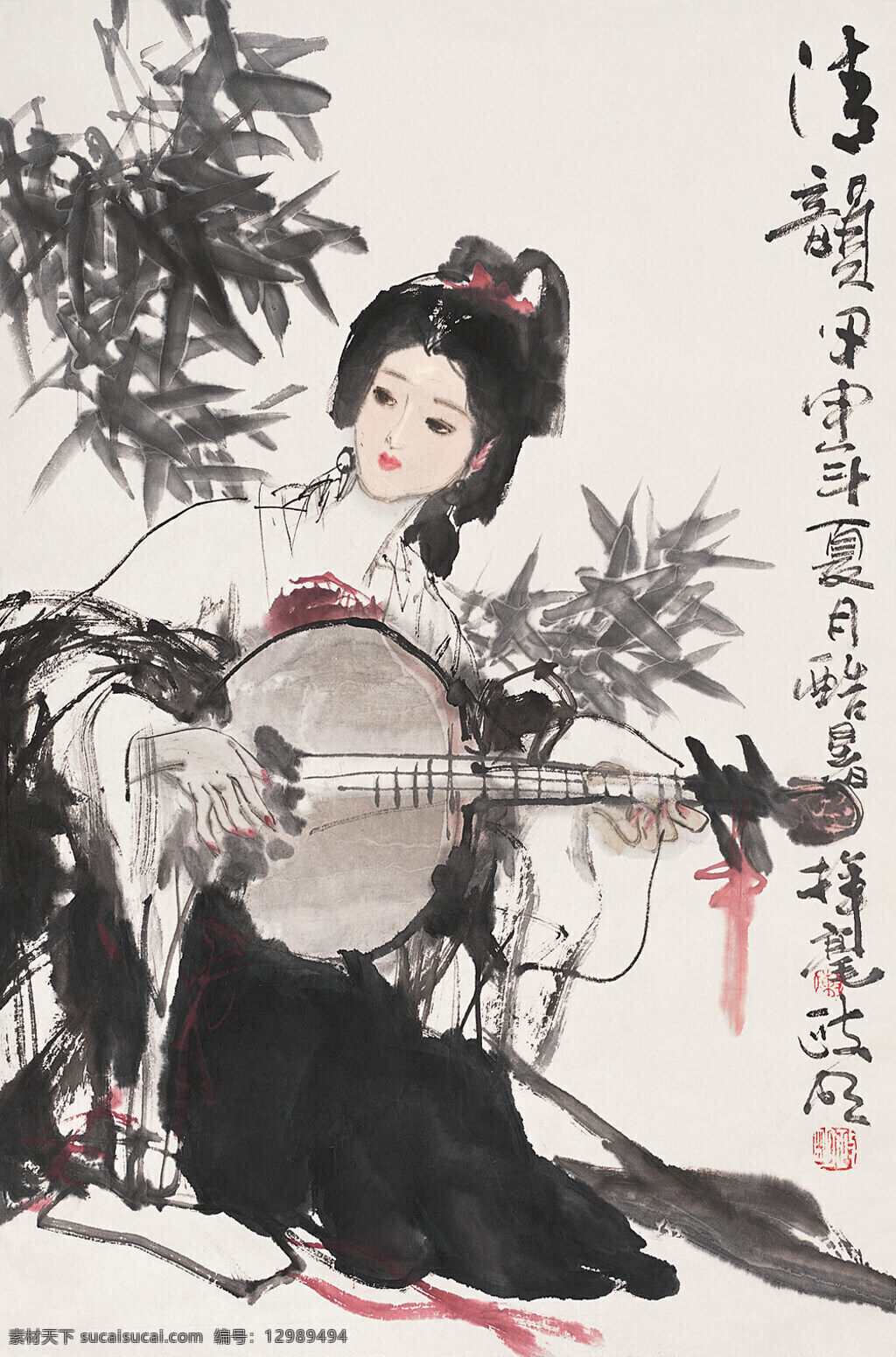 雅曲 清韵 刺绣 琵琶 仕女 室内装饰设计 中国画 镜心 写意人物画 弹奏 陈政明作品 工艺美术 平面广告 装饰设计 文化艺术